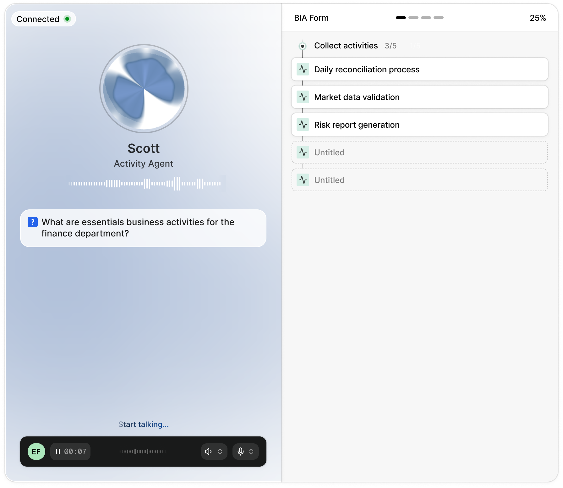 Voice Agents Interface showing Activity Agent Scott with BIA Form